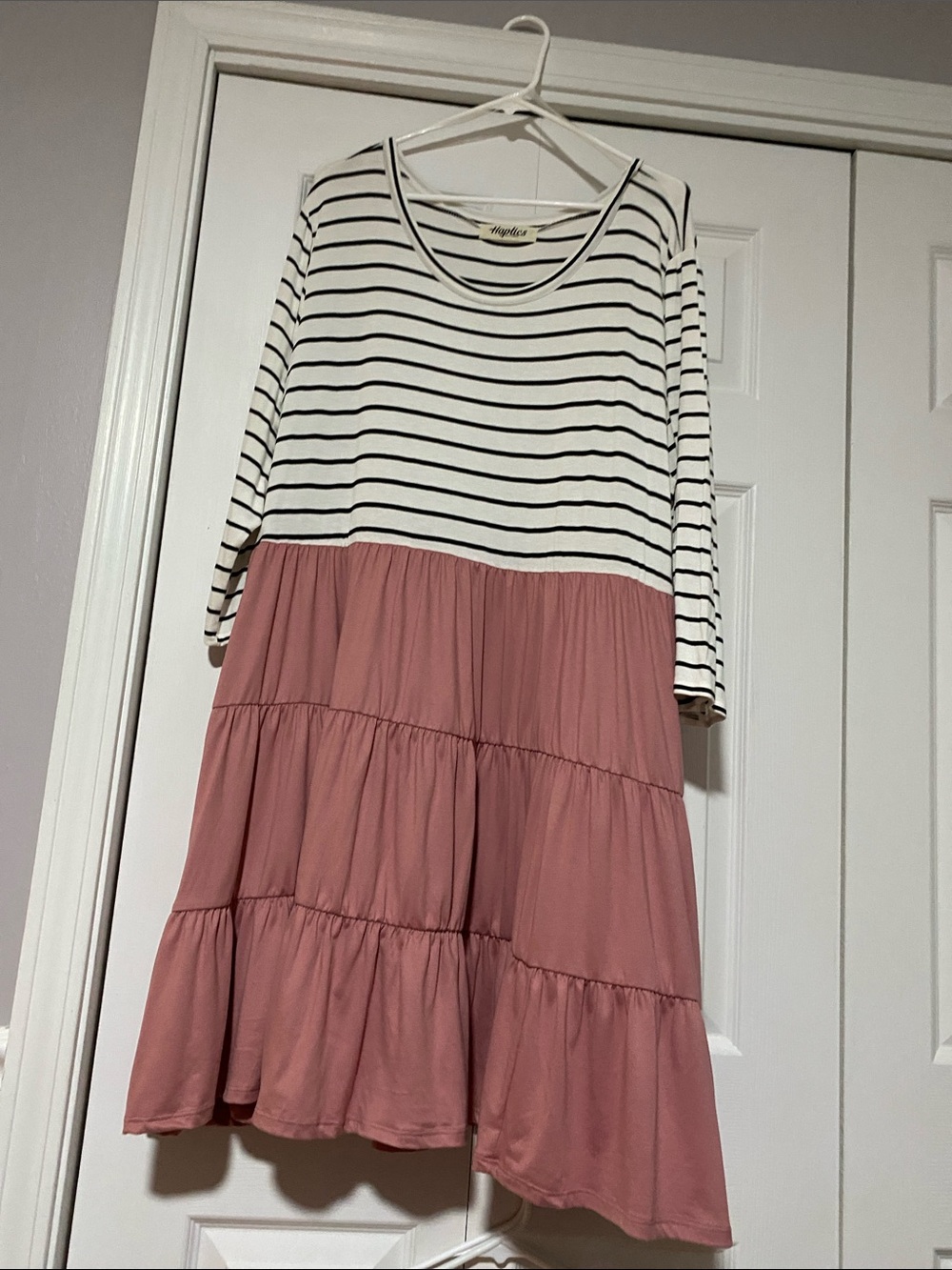 Striped Top with Dusty Rose Tiered Skirt Casual Dress